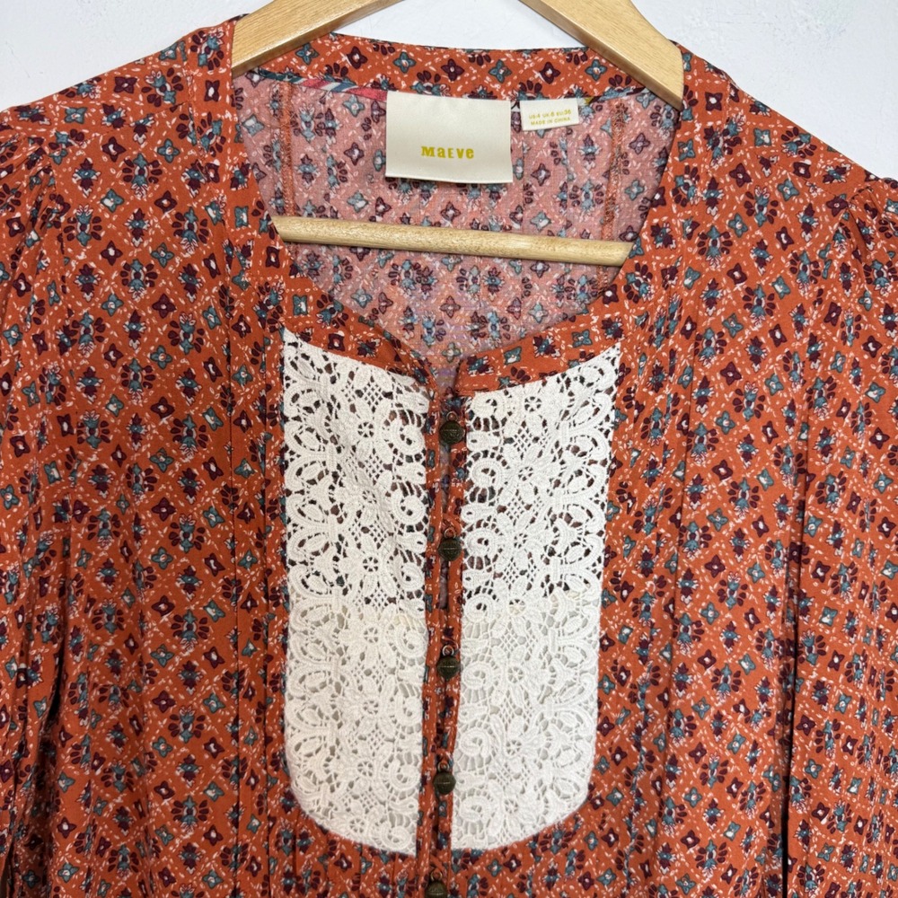Maeve Anthropologie Mixed Print Blouse Sz 4 Orange Lace Bib Boho Ruffle Peasant - Picture 3 of 14
